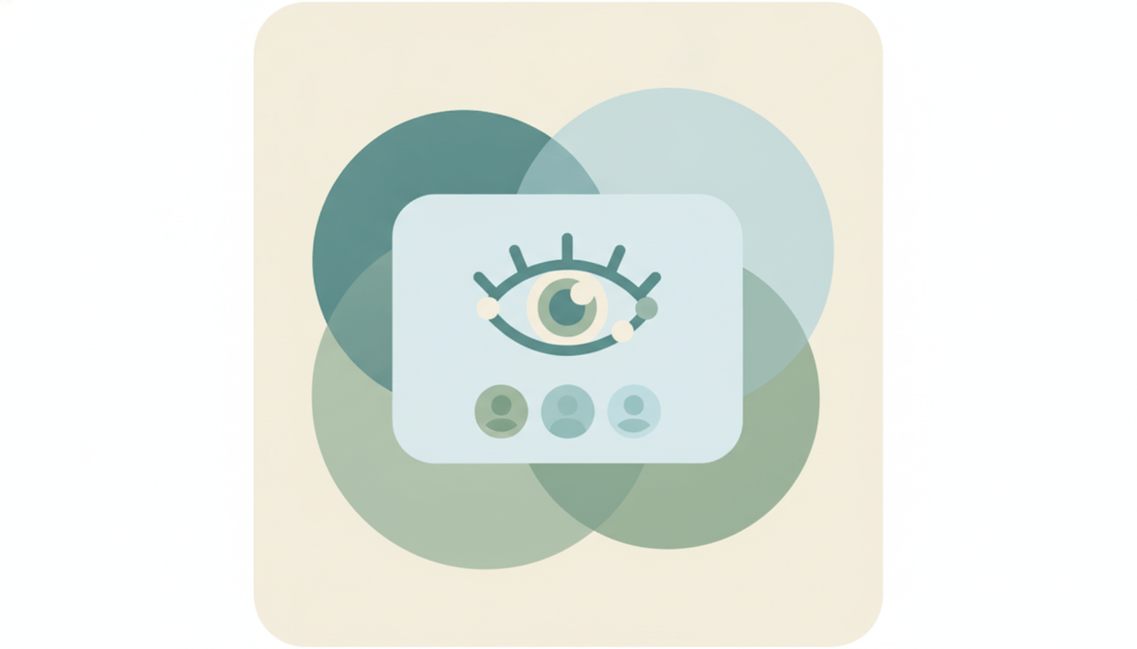A profile card with a soft eye motif and a small list of recent viewer tiles