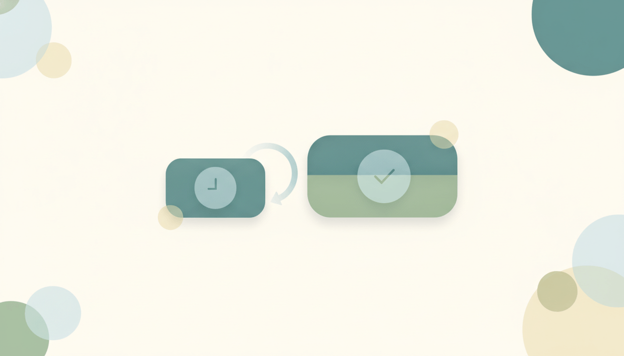 Two rounded task cards joined by a soft directional connector arrow, over layered circles