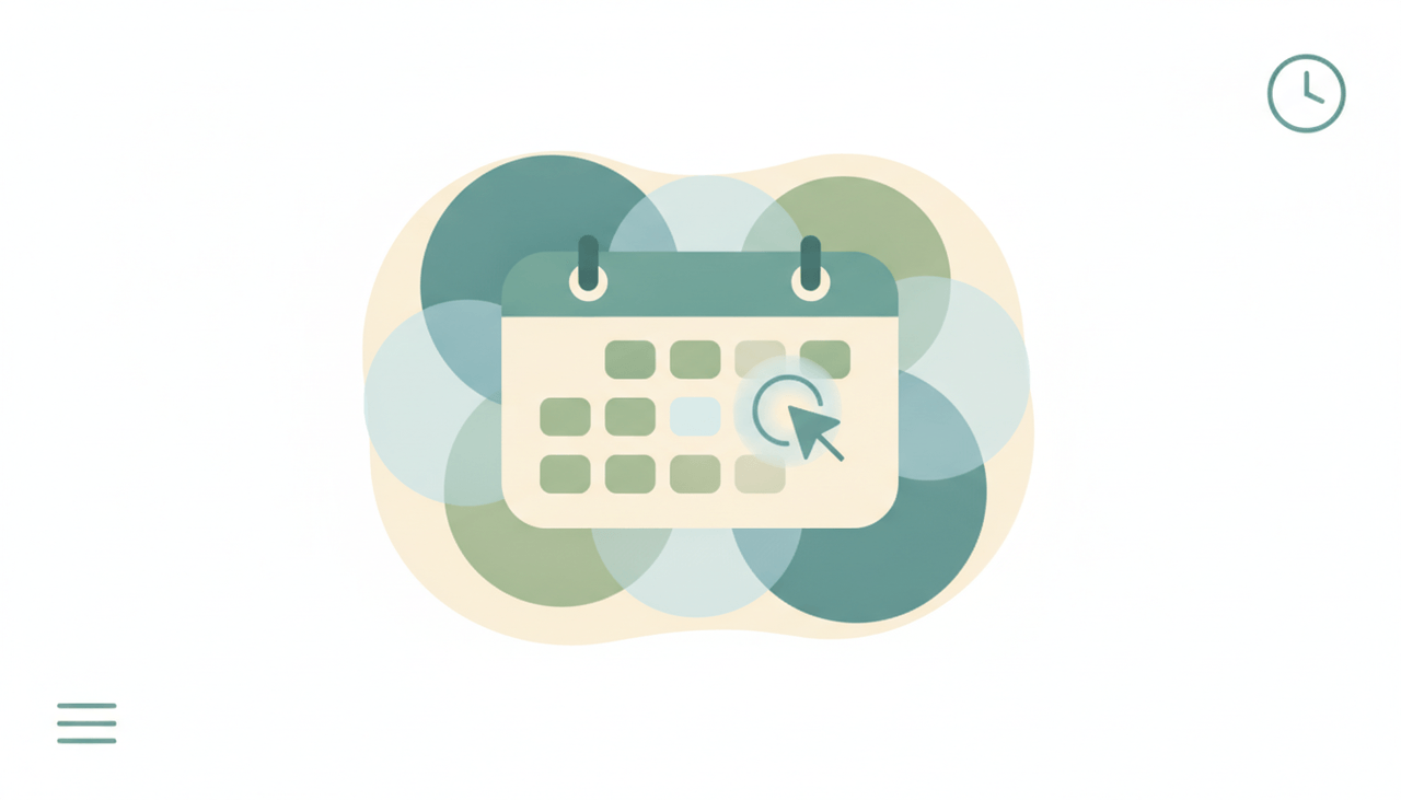 Illustration of a calendar booking page with open time slots and a booking form filling in on a laptop and phone screen