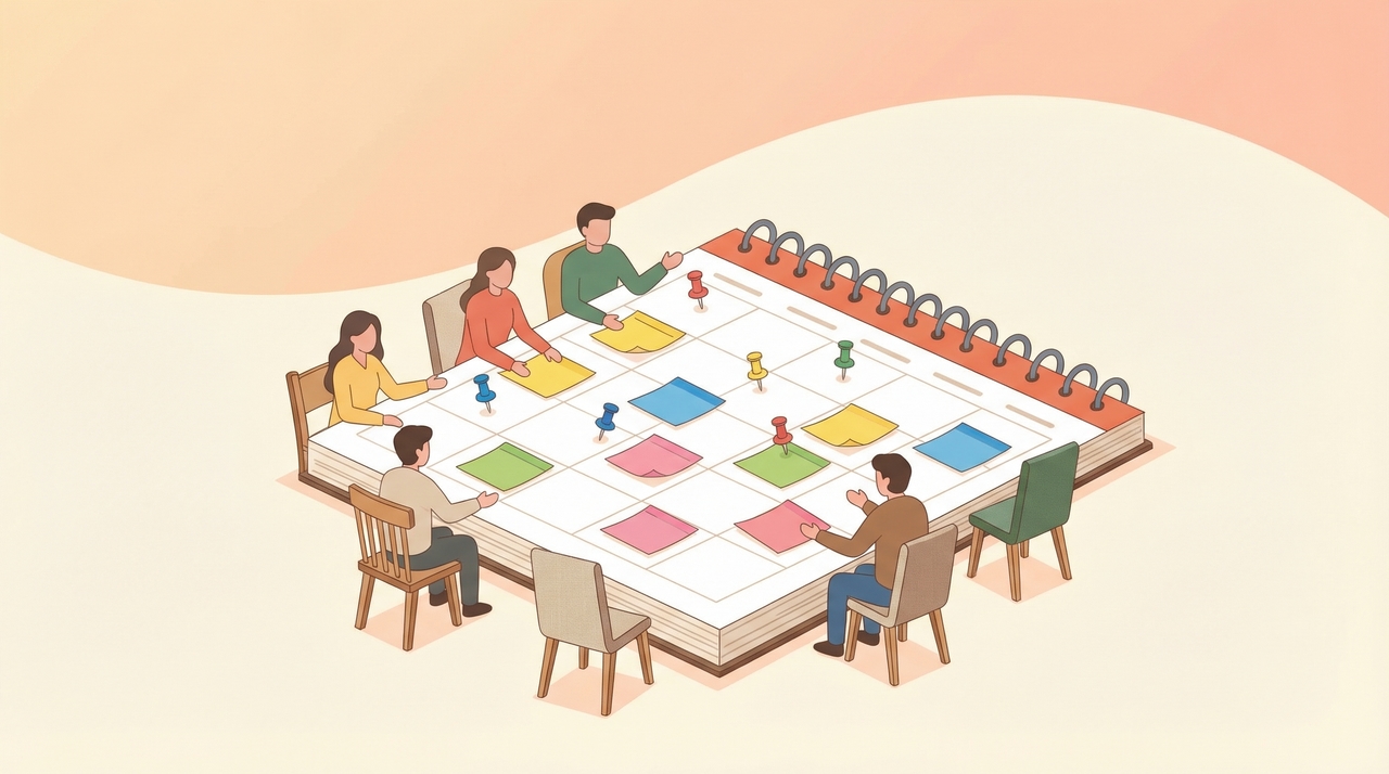 Illustration of a Google Calendar shared across multiple teammate avatars with overlapping event tiles and a team icon