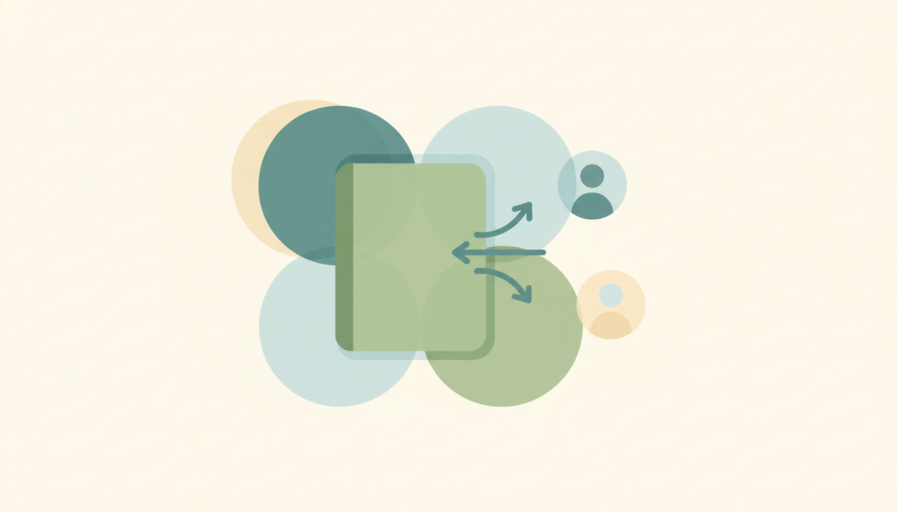 A notebook with two soft person silhouettes and a small share-link icon