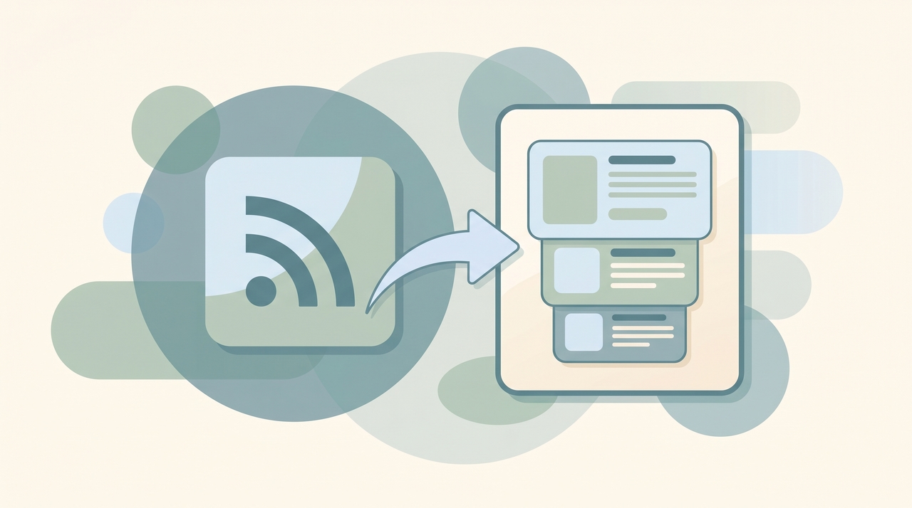 An RSS feed icon connected to a clean reader app showing a stack of incoming article cards