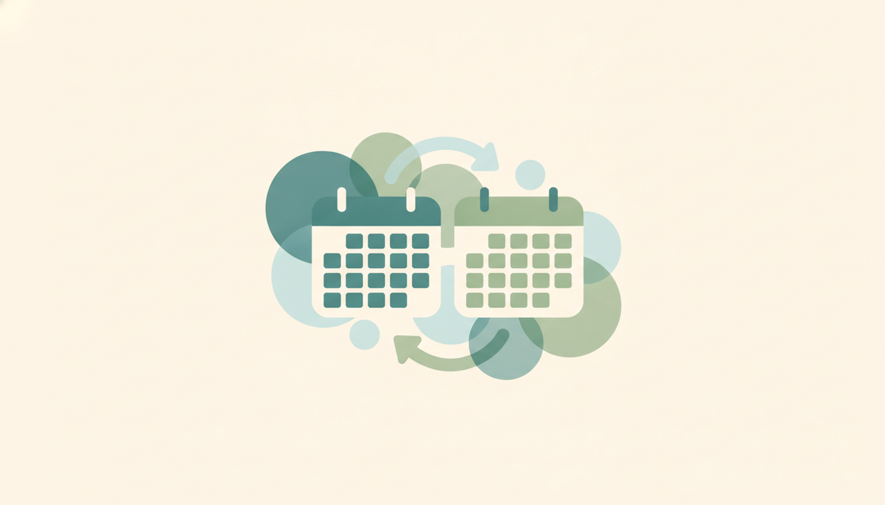 Illustration of a Google calendar and an Apple Calendar app exchanging event tiles across an iPhone, iPad, and Mac