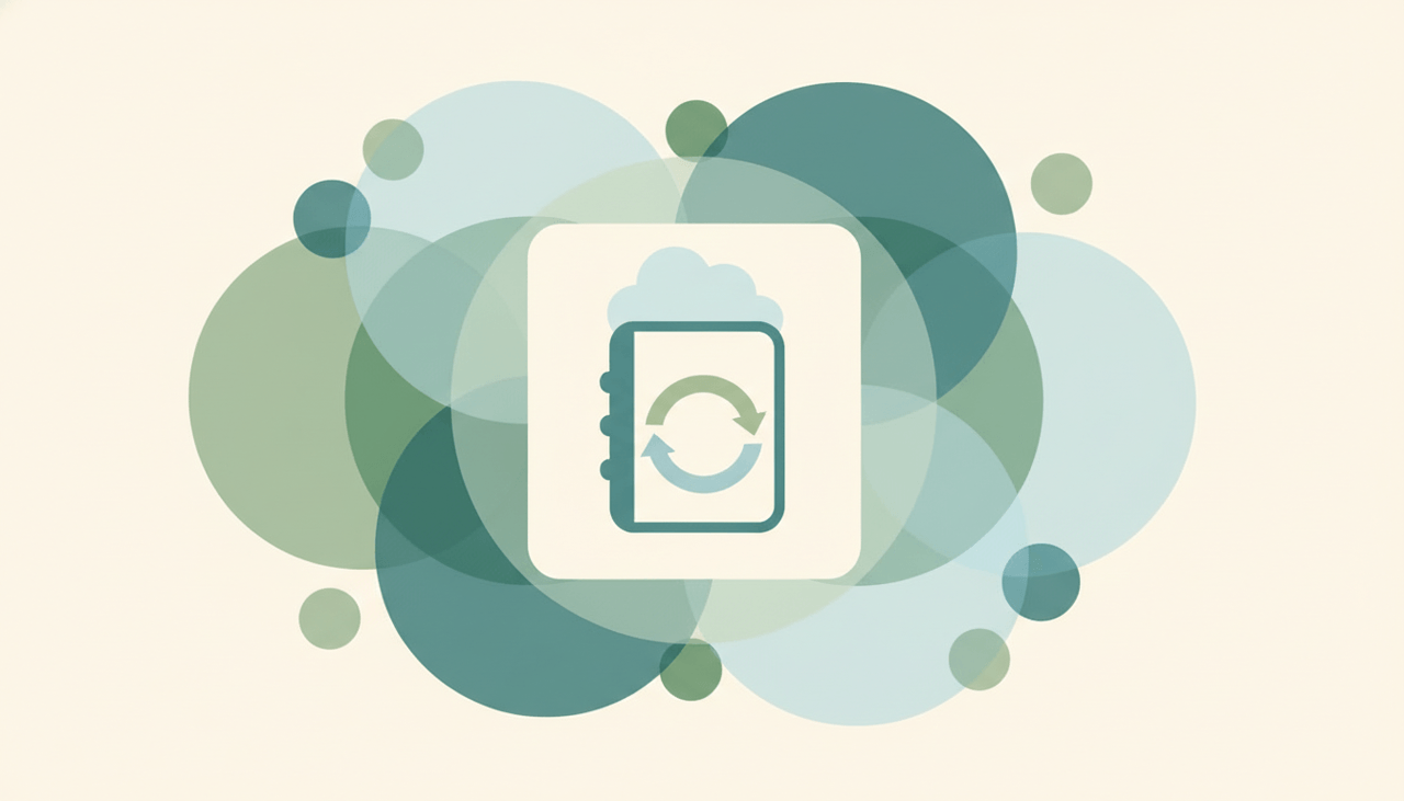 A notebook with two soft circular sync arrows and a small cloud icon