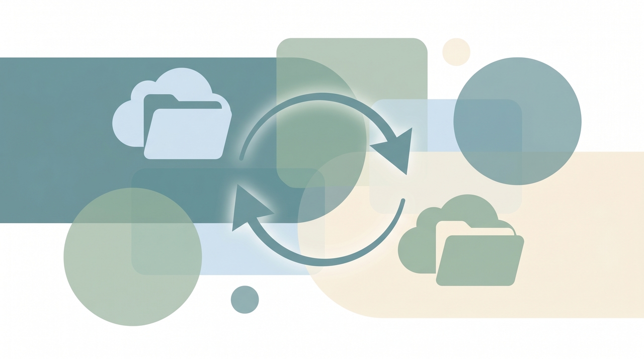 SharePoint library and OneDrive folder connected by sync arrows with file icons flowing between desktop and cloud