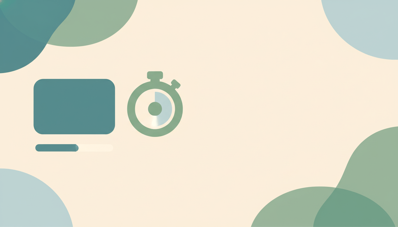 A rounded task card with a soft stopwatch and a small filling time bar beside it, over layered circles