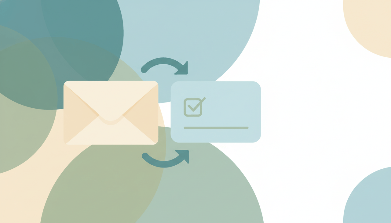 A soft envelope transforming into a rounded task card with a checkbox, over layered circles