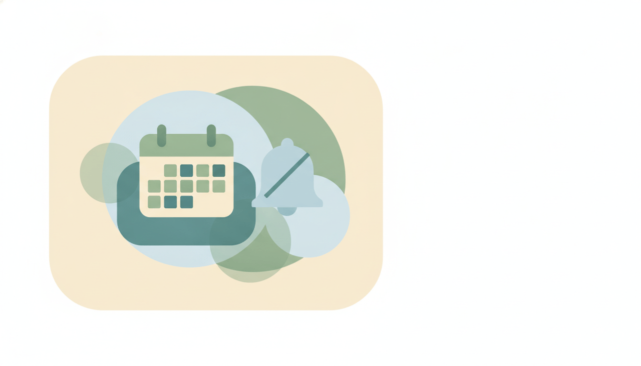 Illustration of a calendar with a muted bell icon and notification badges fading away from a phone and a desktop screen