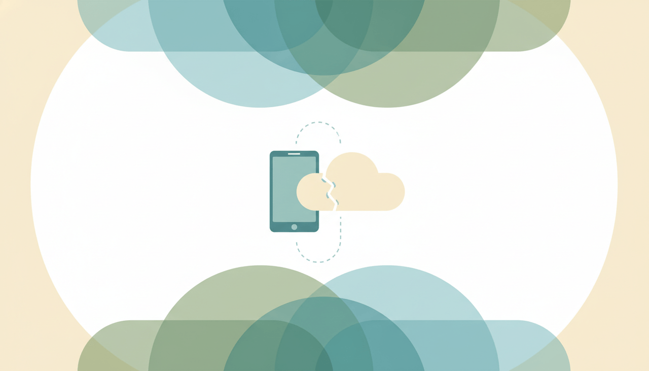 A soft device tile detaching from a cloud with a gentle broken-link motif over layered circles