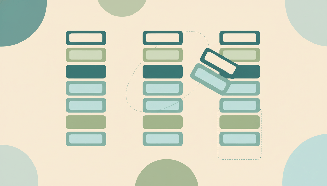 Soft vertical columns holding stacks of rounded cards, with one card mid-drag between columns, over layered circles