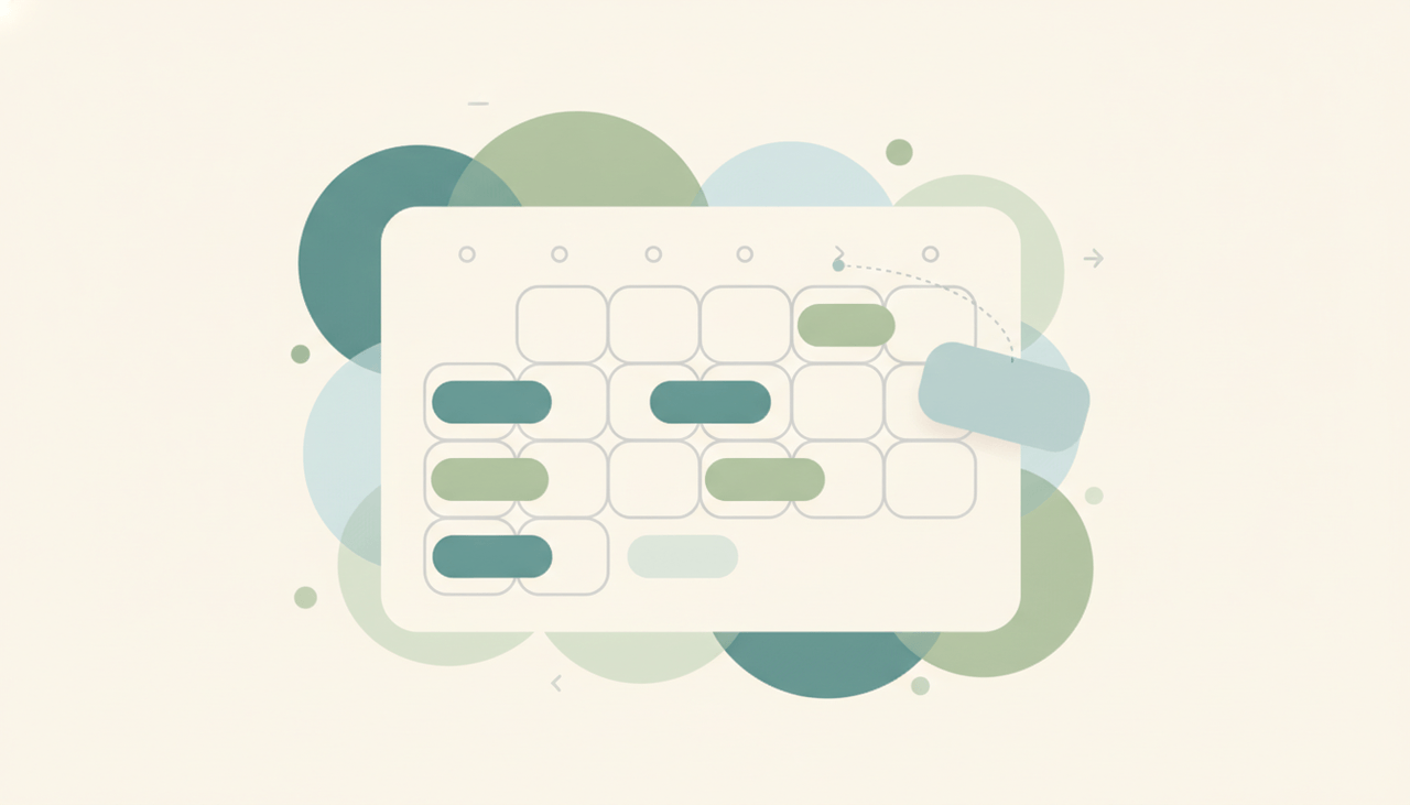 A soft monthly grid with rounded task chips resting on date cells, one chip mid-drag to another day, over layered circles