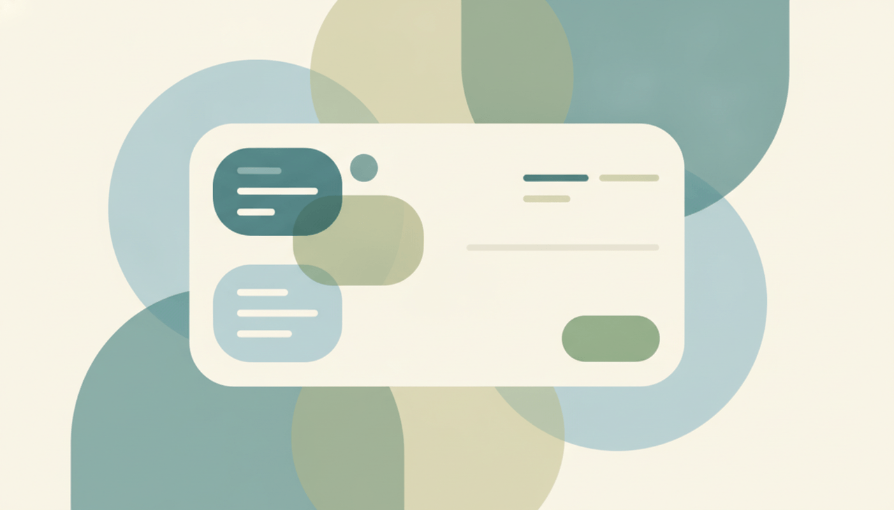 A rounded task card with soft labeled chips and a colored status pill attached to its side, over layered circles