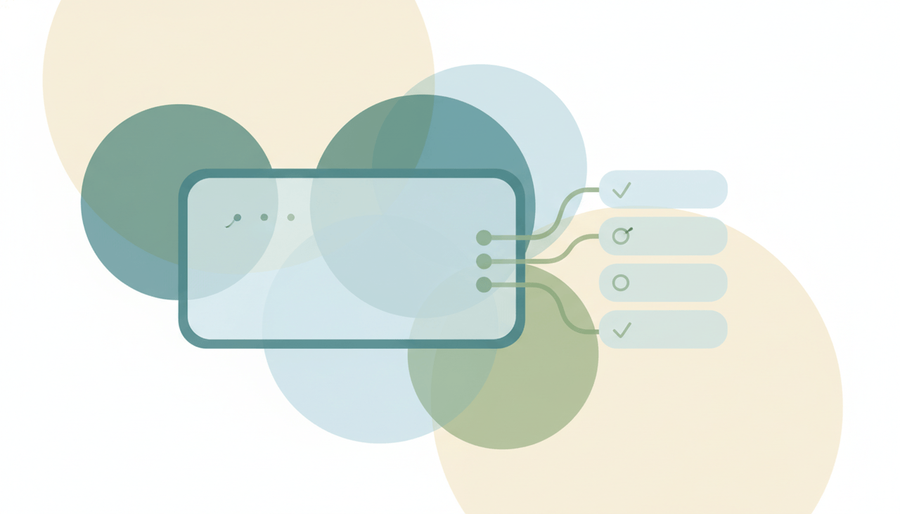 A rounded task card branching into a soft stack of smaller checklist tiles, over layered circles