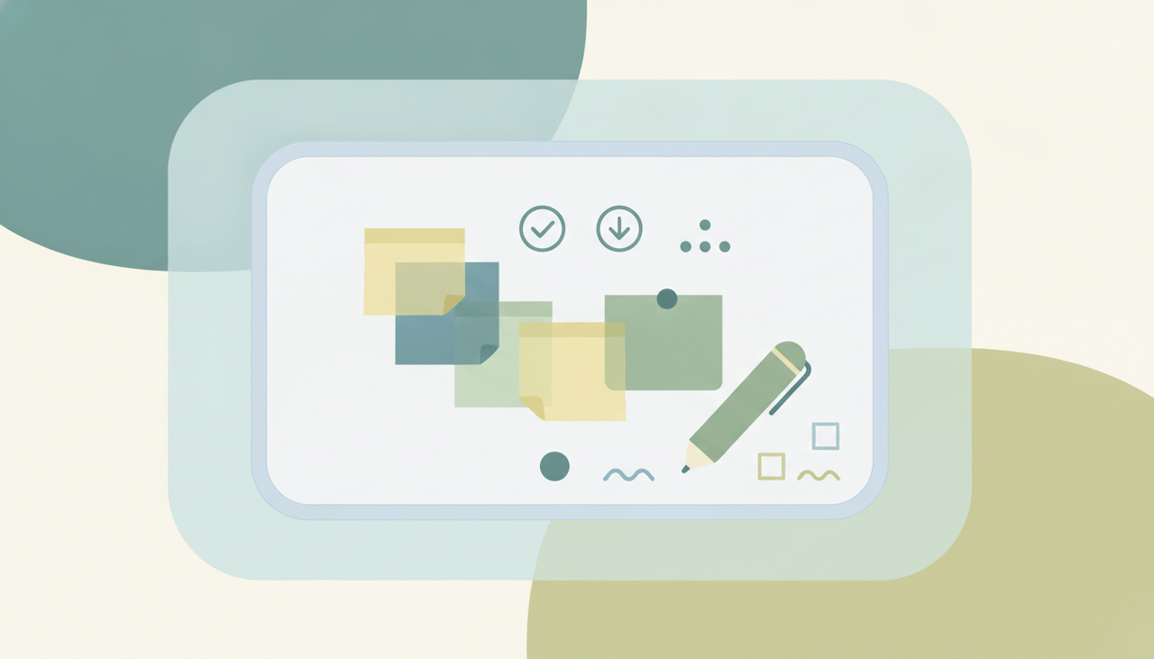 A Microsoft Teams meeting screen showing a shared whiteboard with sticky notes, shapes, and handwritten ideas