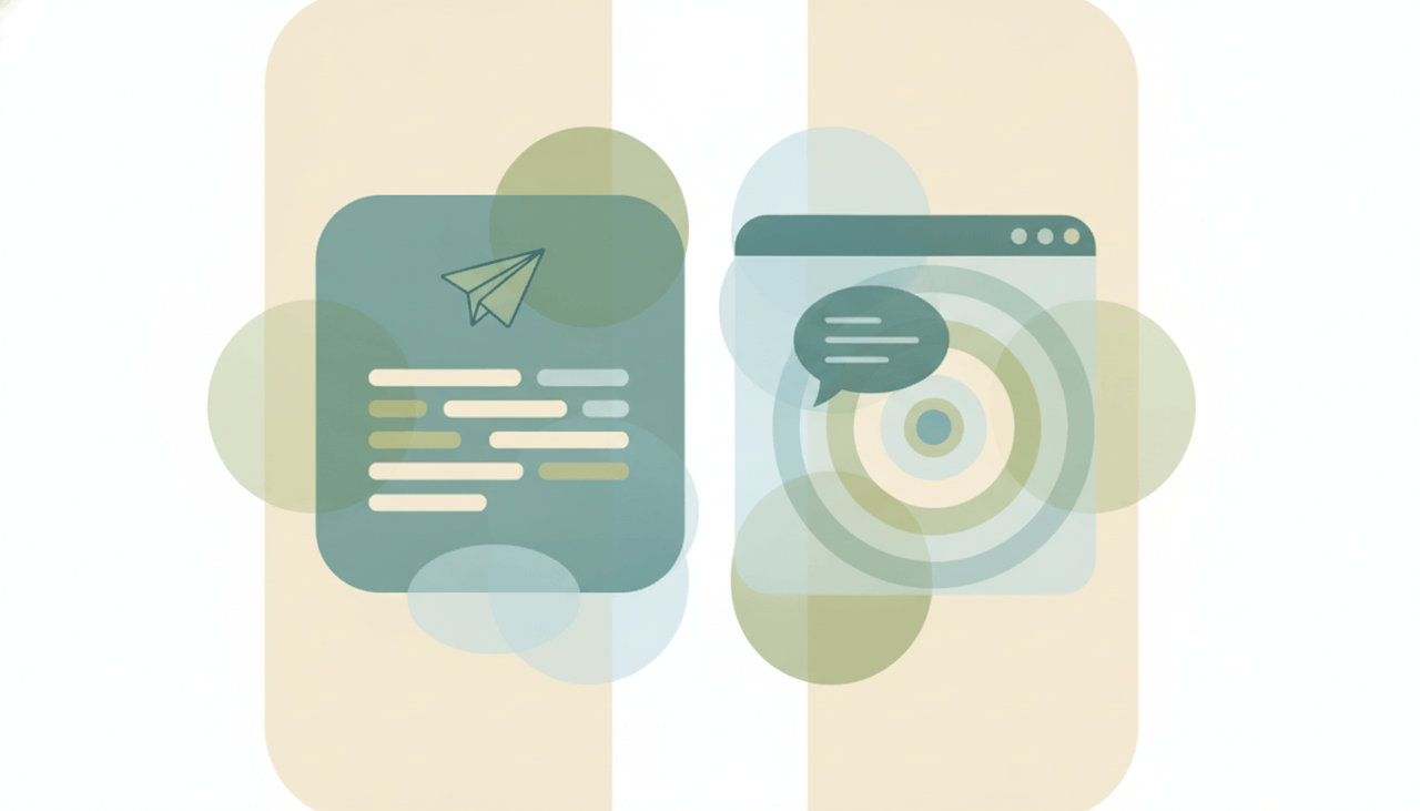 Two soft rounded panels facing each other — one an inbox with a paper-plane, one a chat window — divided by a gentle seam, representing in-inbox versus out-of-inbox AI