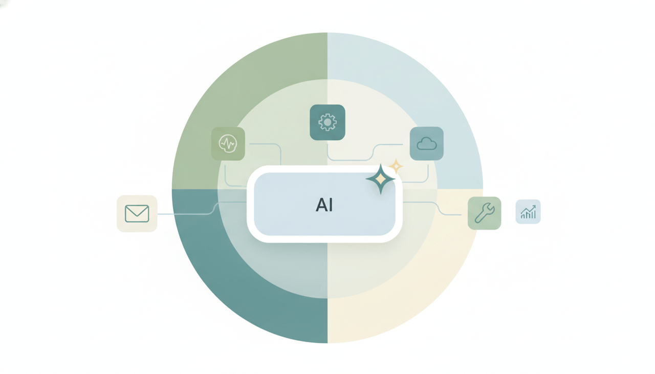 A central AI assistant panel surrounded by alternative AI tool tiles, representing alternatives to Microsoft Copilot
