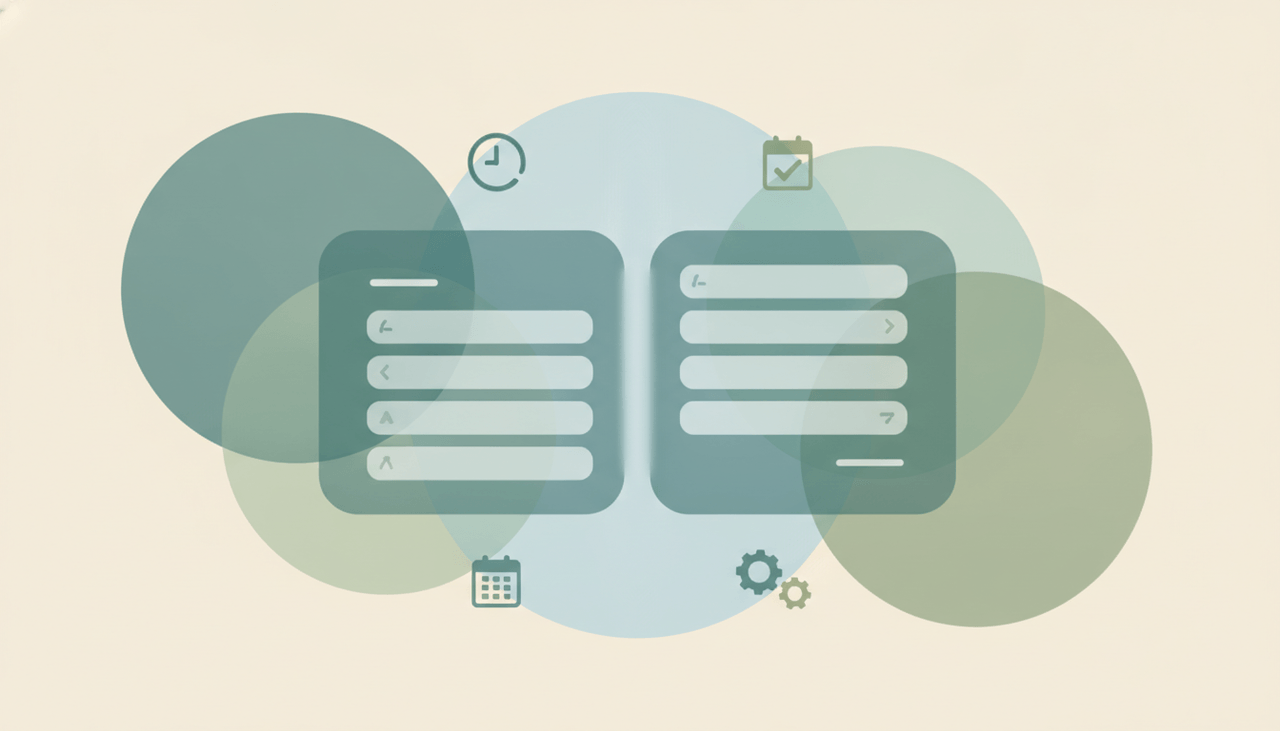 Two rounded form cards side by side connected by a soft comparison divider over layered circles