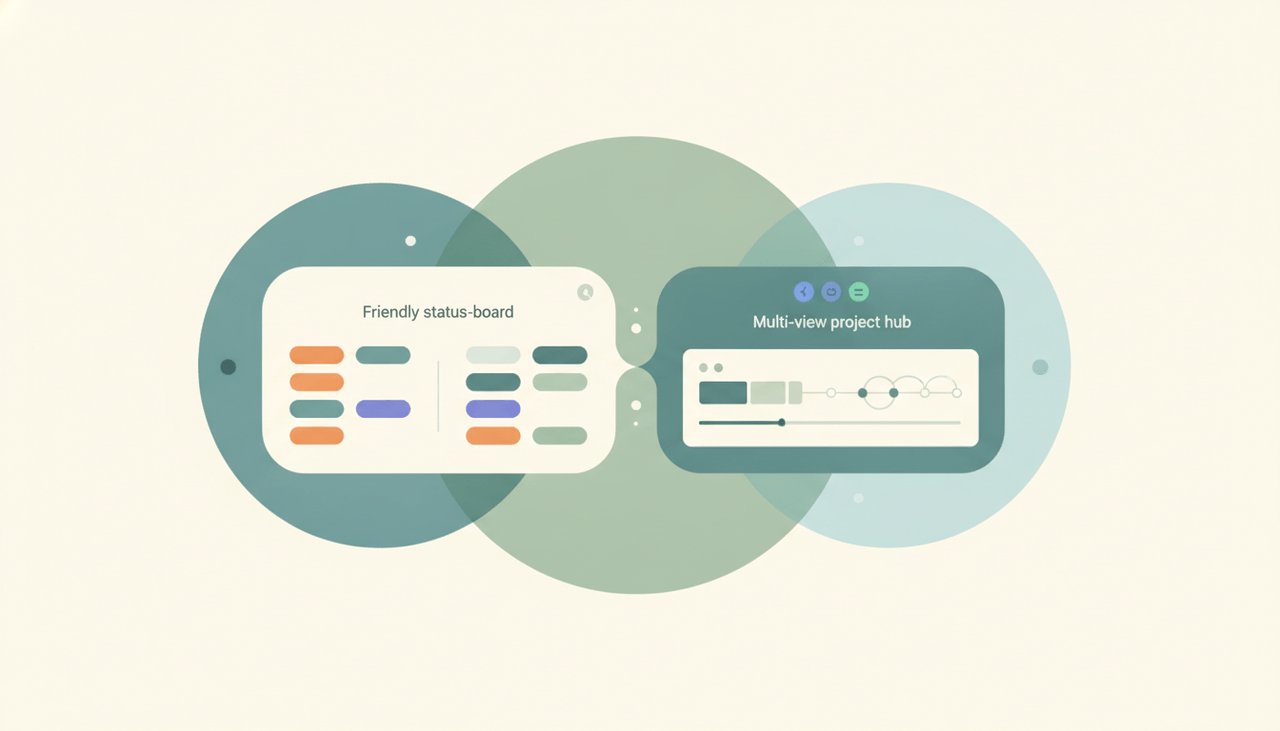 A monday.com icon and a ClickUp icon side by side, representing a comparison between the two project management tools