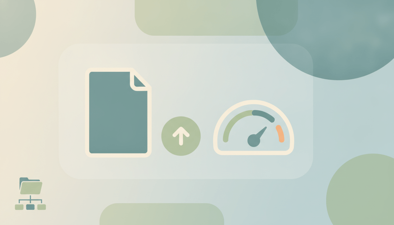 A large file icon beside an upload arrow and a measuring gauge, representing OneDrive file size limits