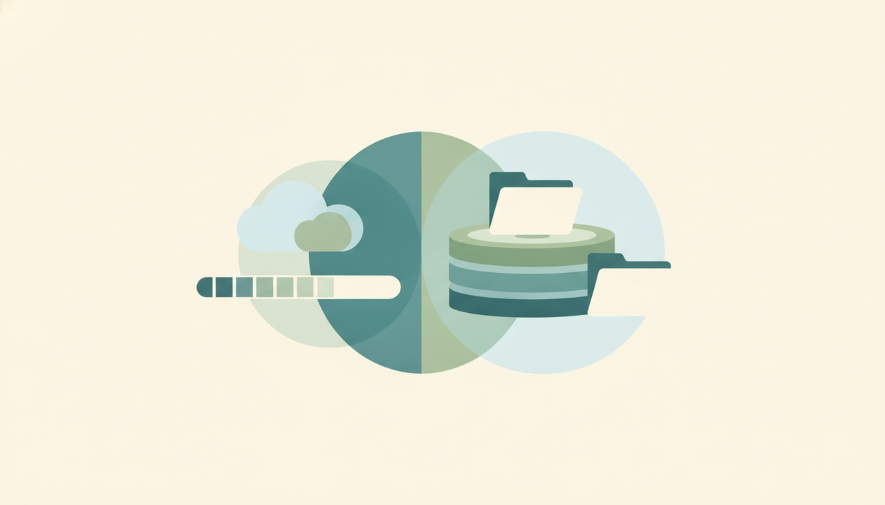 A cloud icon beside a stacked-disk storage gauge and folders, representing OneDrive storage limits