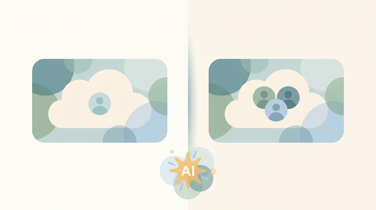 Two cloud storage icons side by side — one labeled for a single person, one for a team — representing OneDrive versus SharePoint