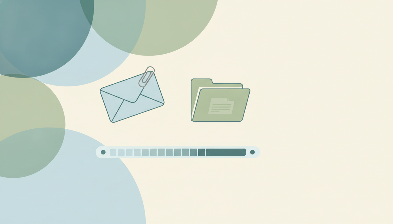 An email envelope beside a paperclip and a file-size gauge, representing Outlook attachment size limits