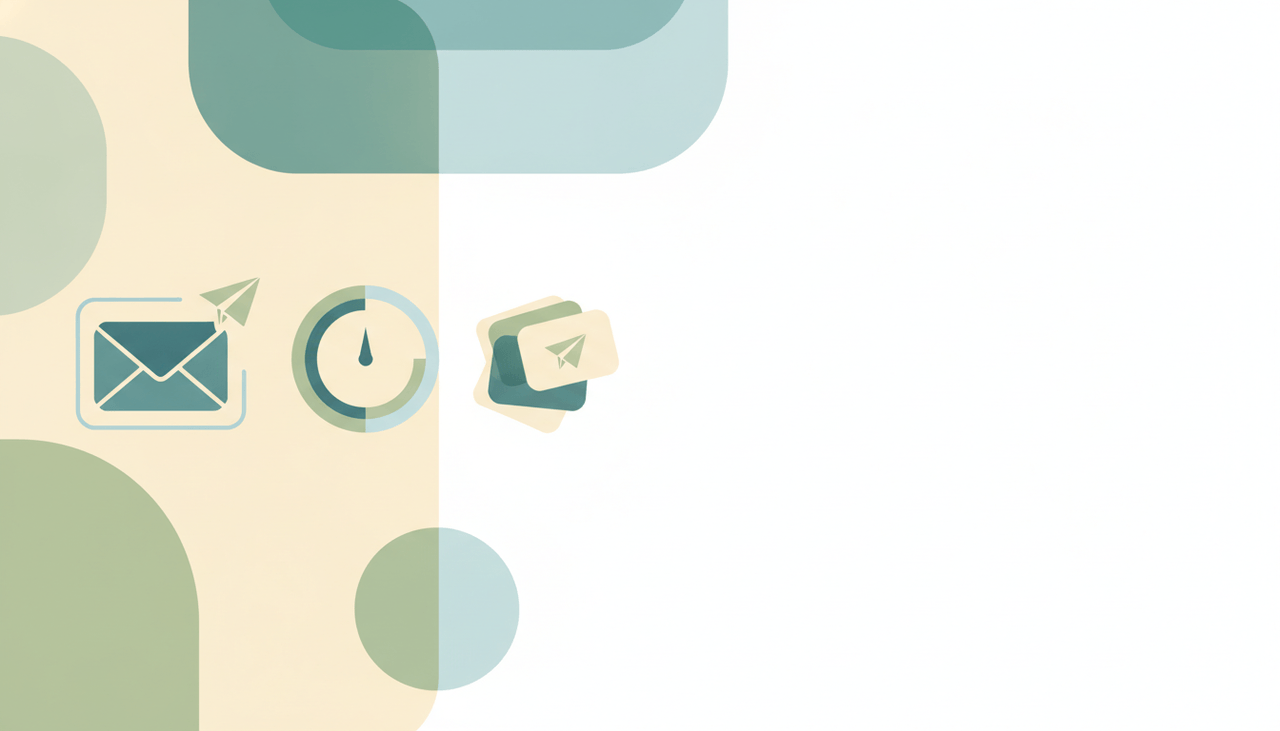 An email envelope beside a daily counter dial and stacked outgoing messages, representing Outlook sending limits