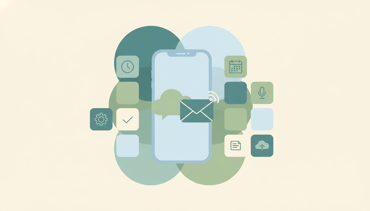 Grid of AI assistant app icons floating around a smartphone with a chat bubble representing Poke alternatives