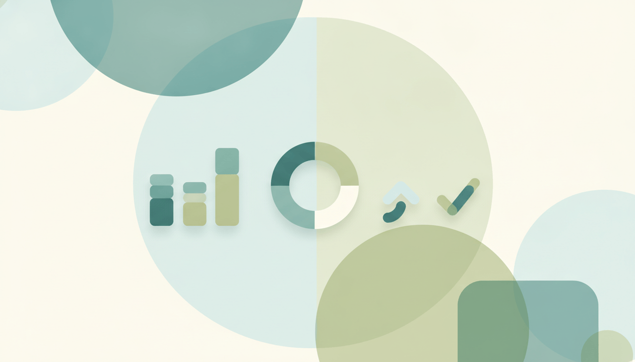 Abstract dashboard of bar and donut charts beside an upward arrow and a checkmark, representing workplace productivity statistics