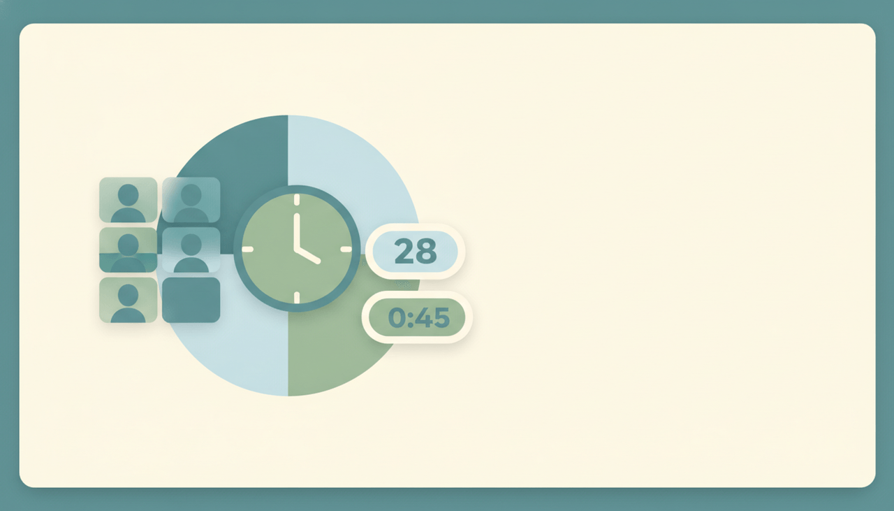 A grid of video tiles beside a clock, representing Microsoft Teams meeting length and participant limits