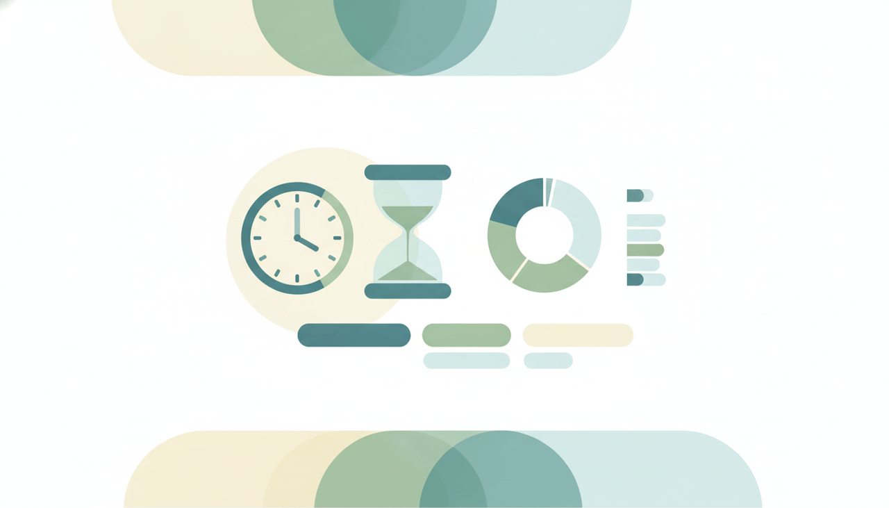 Abstract dashboard of a clock and hourglass beside segmented bars and a donut chart, representing time management statistics