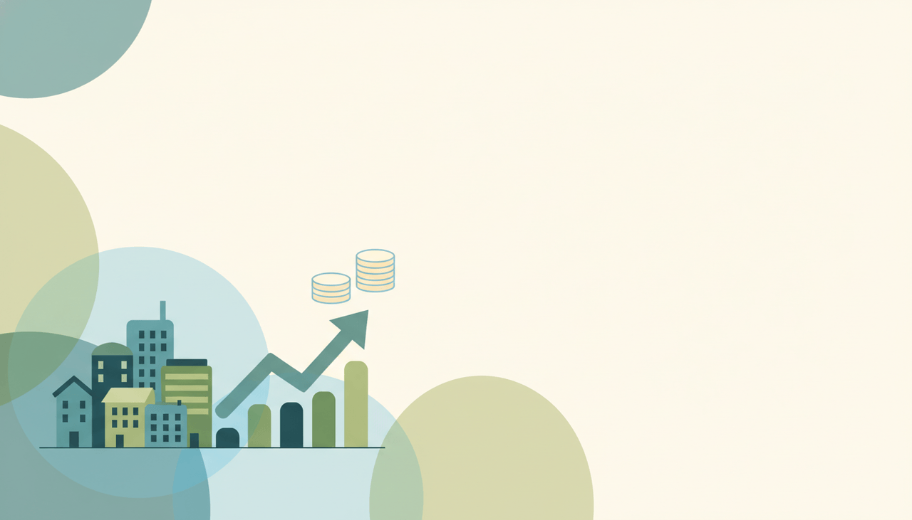Cluster of small rounded buildings beside an ascending growth arrow and stacked coins representing a startup funding milestone