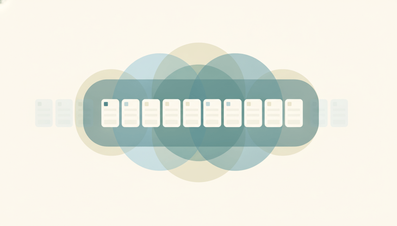 Abstract illustration of stacked kanban boards and tiered storage in soft gradient tones