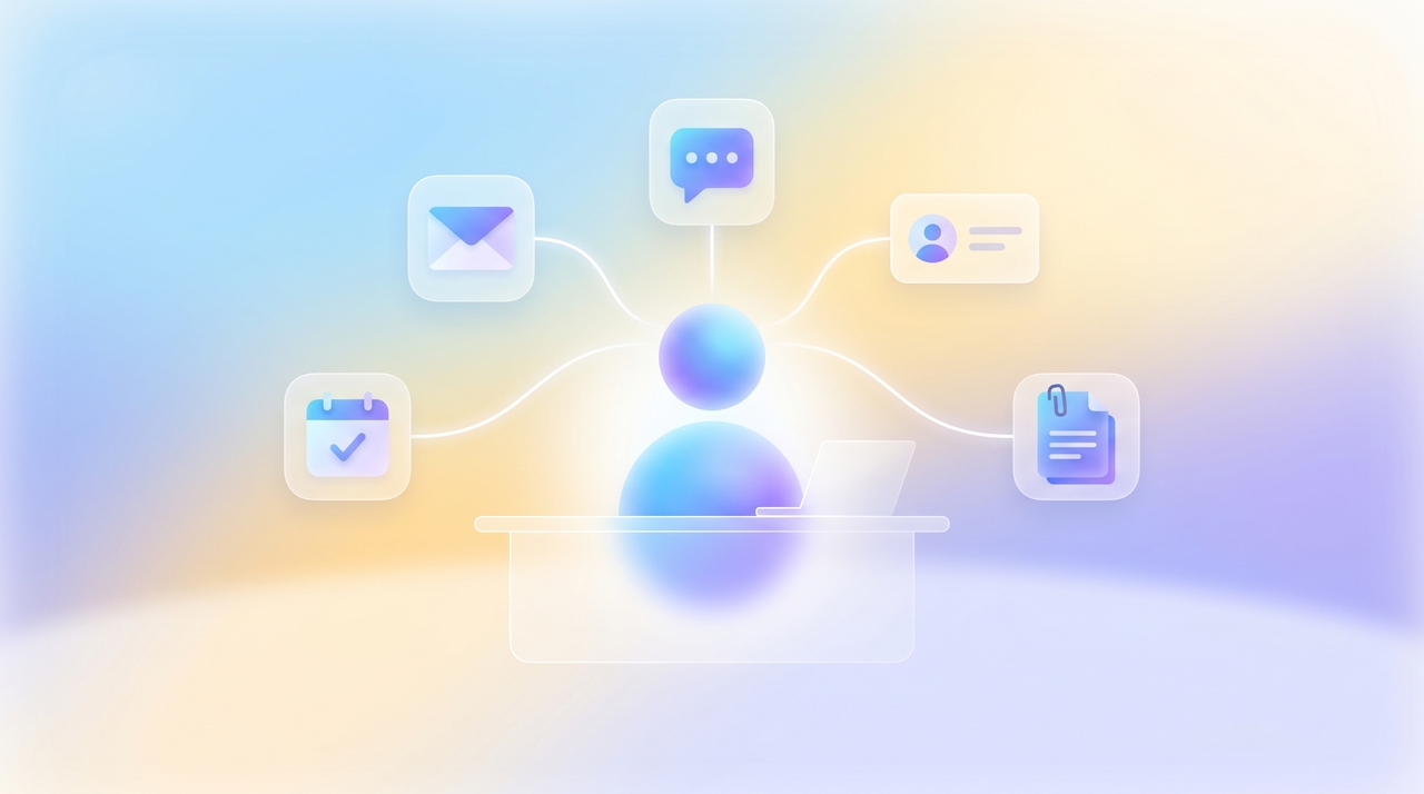 Glowing AI coworker avatar at a desk linked to floating calendar, email, chat, CRM, and document icons representing connected business workflows