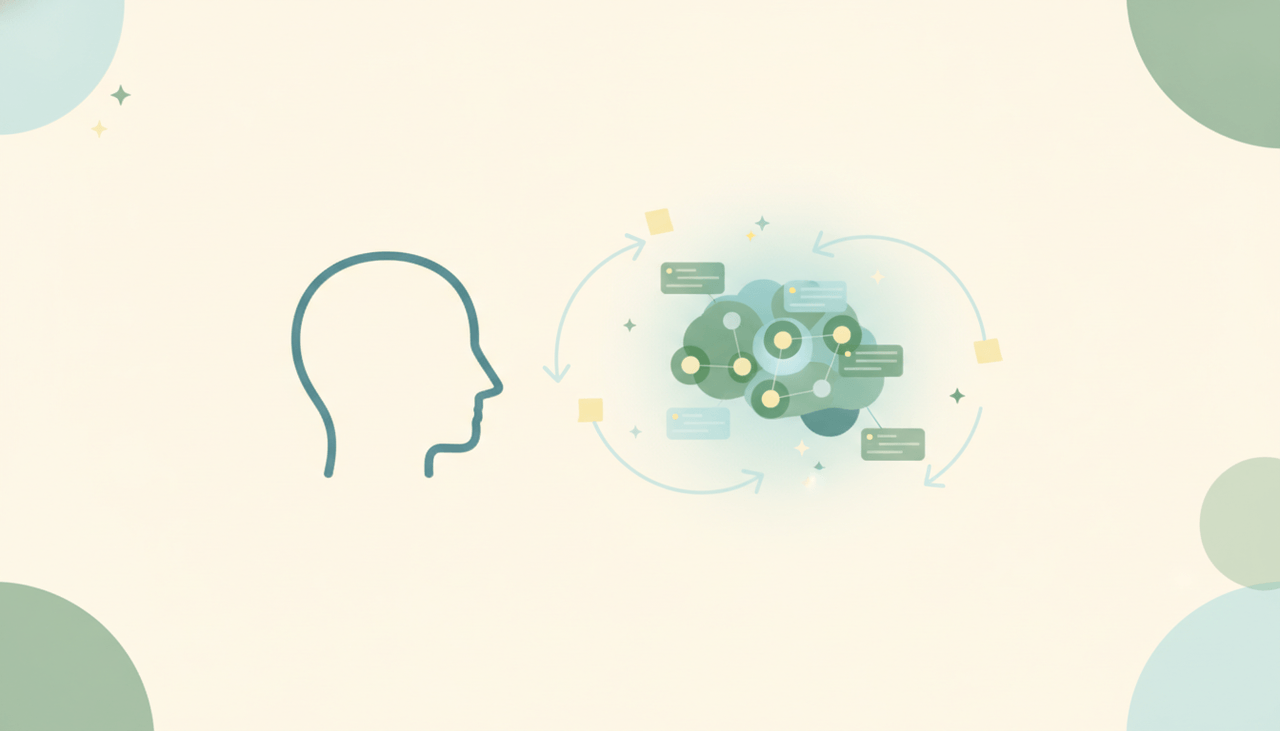 Illustration of a digital second brain connecting notes, ideas, and tools into one network
