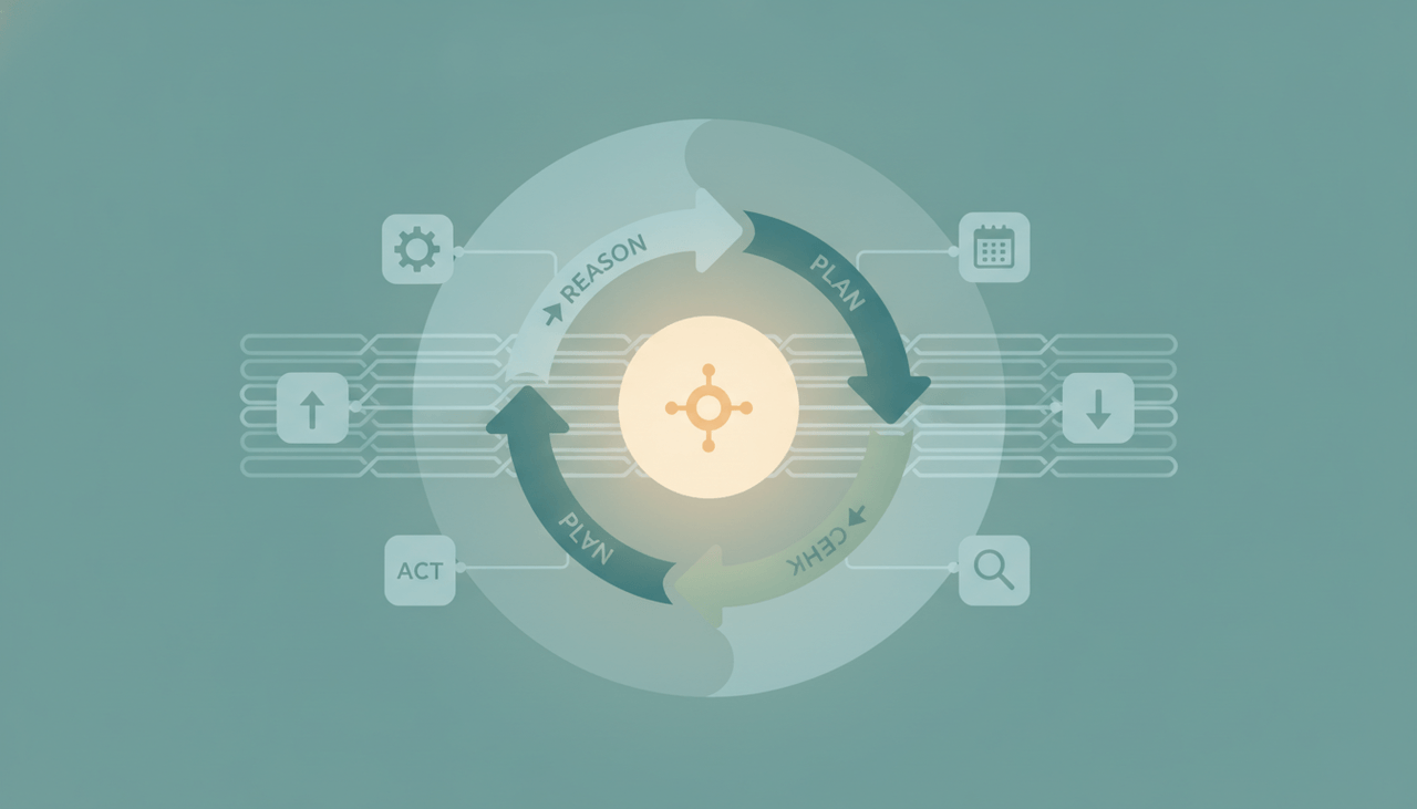 Diagram contrasting a fixed automation flowchart with an AI agent reasoning loop of plan, act, observe, iterate