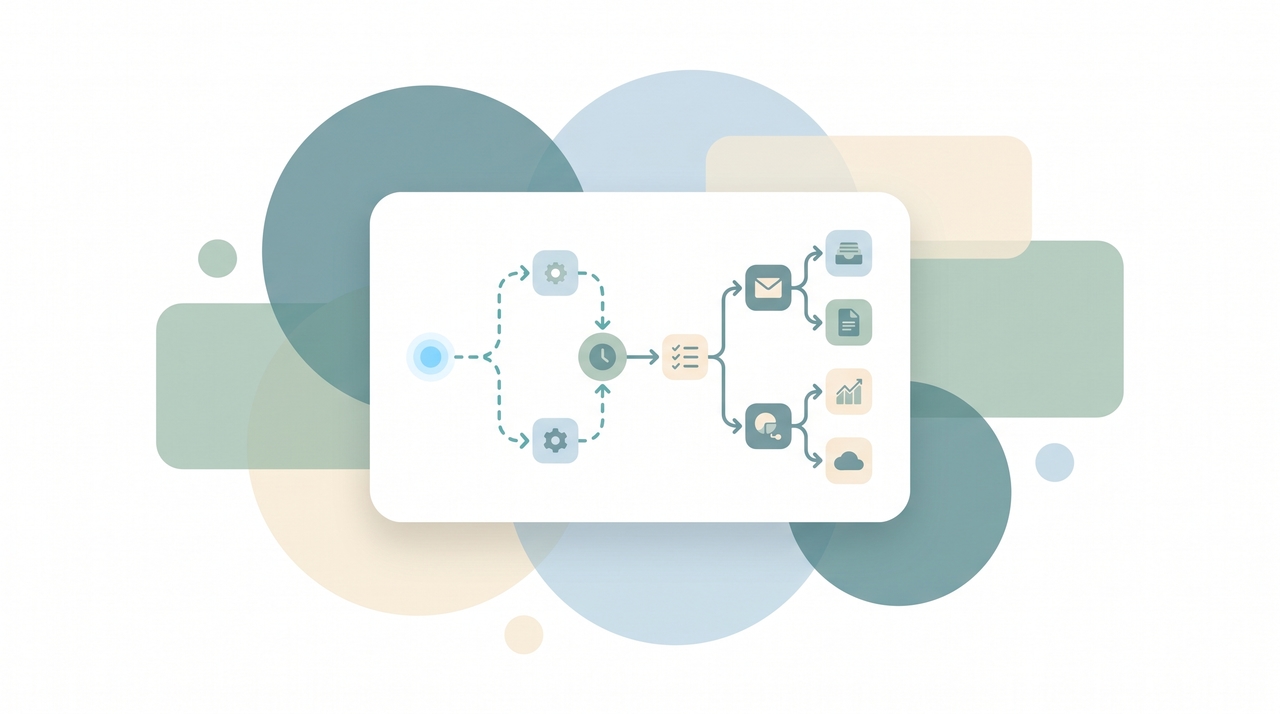 A trigger event flowing through connected steps and actions across multiple app icons, representing an automated workflow