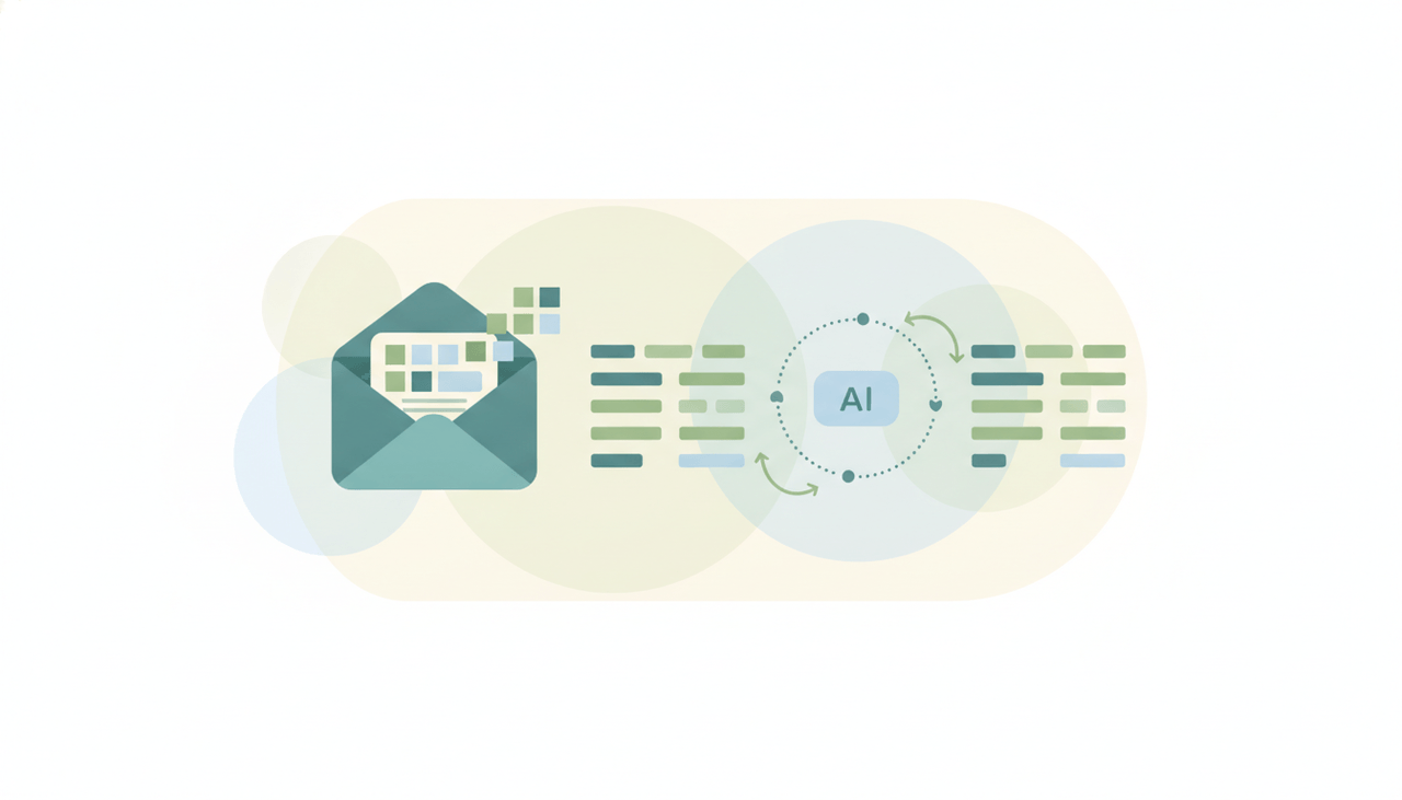 An inbox with an email and PDF attachment being read and extracted by AI, replacing a stale Zapier email parser template