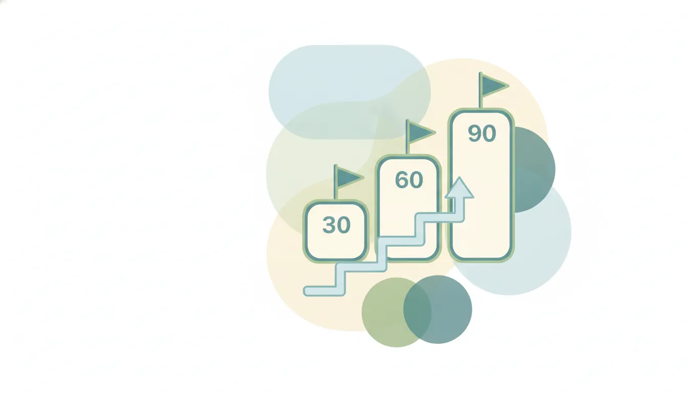 Three ascending milestone cards connected by an upward stepped arrow with flags at the 30, 60, and 90 positions, illustrating a phased onboarding plan