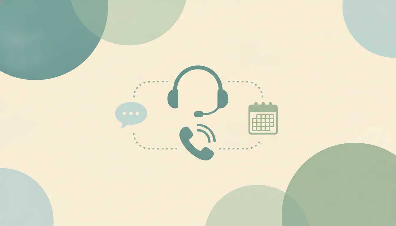 A headset and a ringing phone handset linked by dotted lines to a chat bubble and a calendar grid over soft layered circles