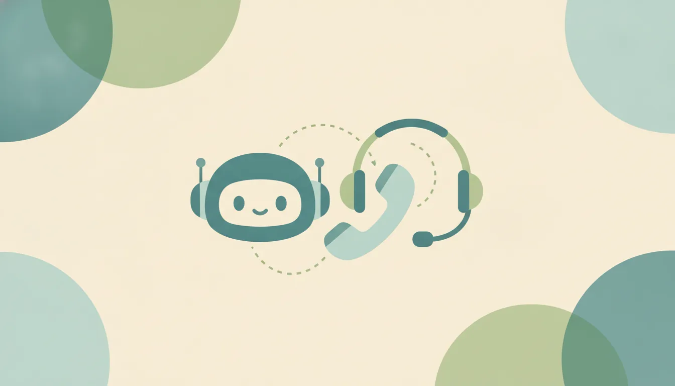 A headset and a small friendly robot head side by side, sharing one phone handset, linked by dotted lines over soft layered circles