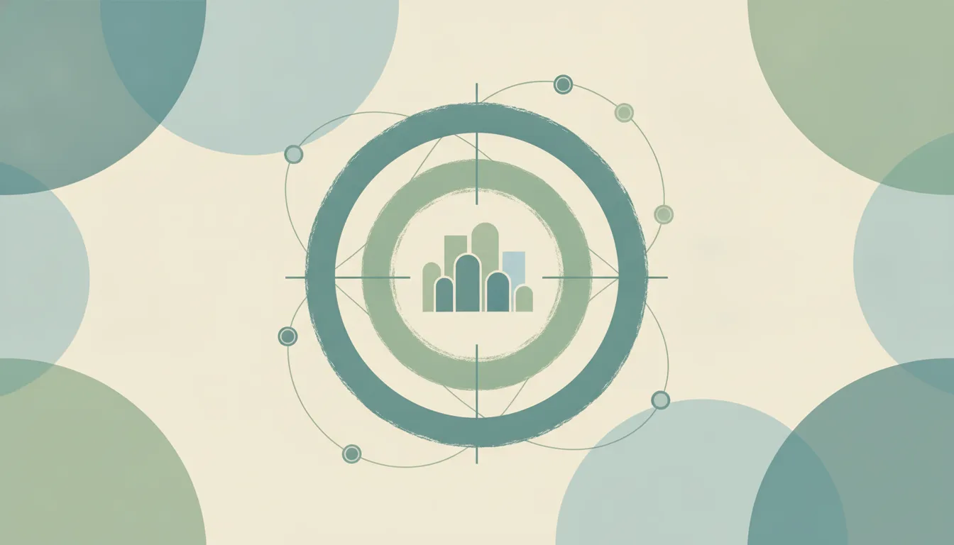 Abstract target rings around a small cluster of office building shapes and person nodes, representing account-based marketing statistics