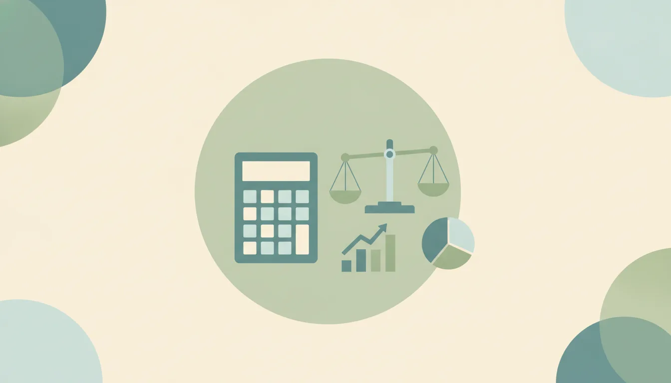 Abstract calculator and balance scale beside a short rising bar chart and a pie chart, over layered circles, representing accounting statistics