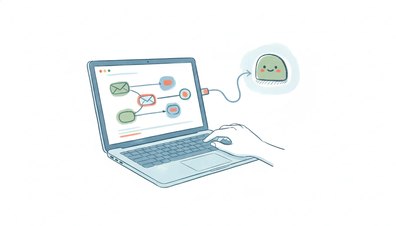 A laptop showing ActiveCampaign contact records and an automation flow, linked by a connector to a friendly AI assistant