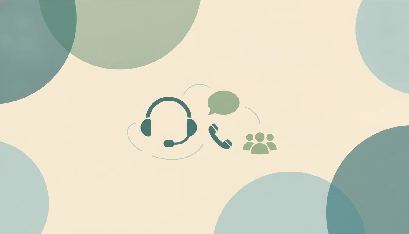 Illustration of a support headset, a phone handset, a chat bubble and a small team linked by dotted lines