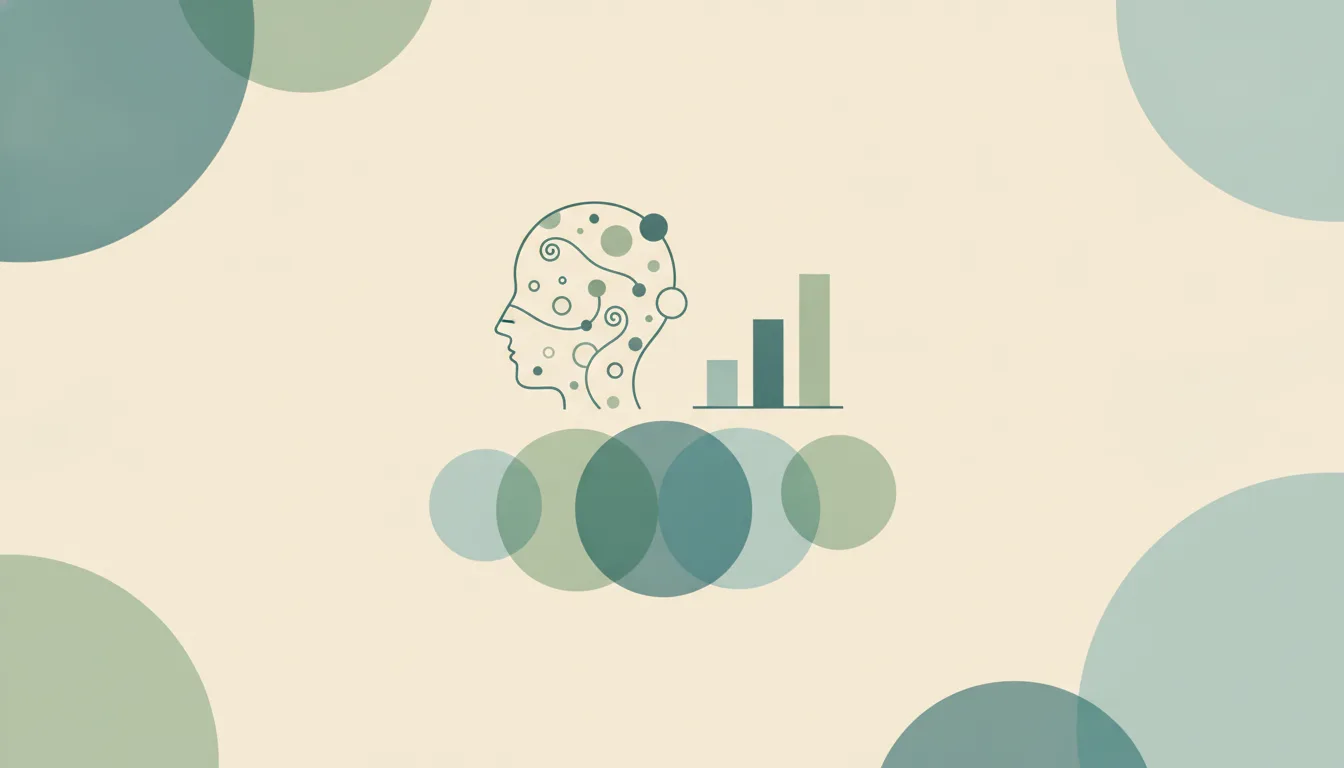 Abstract head silhouette with scattered small circles and swirling lines inside beside a short bar chart, over layered circles, representing ADHD statistics