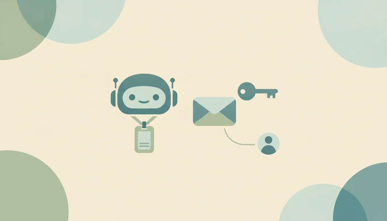 Abstract flat illustration of a robot head icon inside an ID badge, linked by a thin line to a small person icon and an envelope