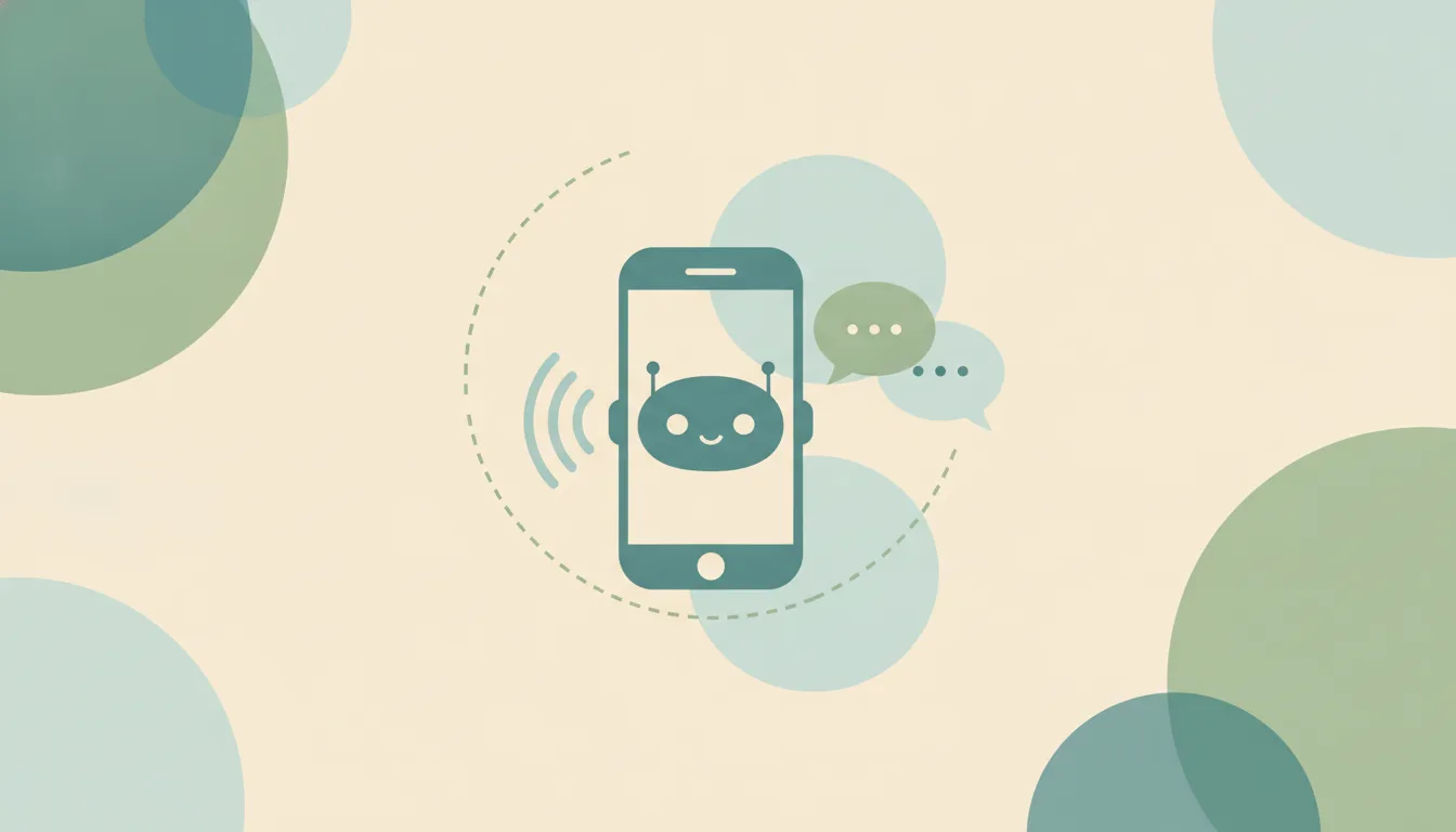 A smartphone with sound-wave arcs linked by dotted lines to a small robot head and chat bubbles over soft layered circles