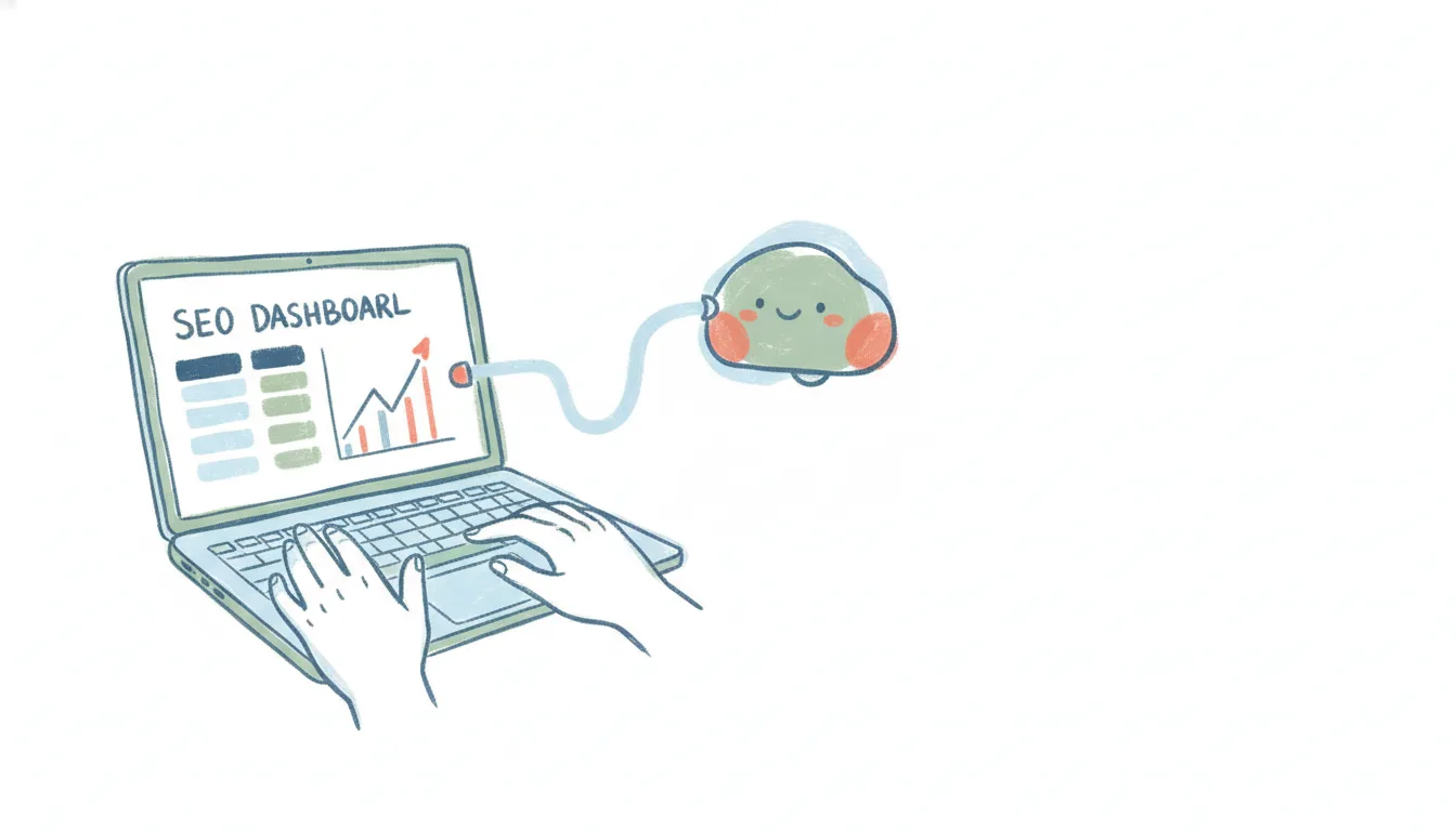 A laptop showing Ahrefs keyword and backlink data, linked by a connector to a friendly AI assistant