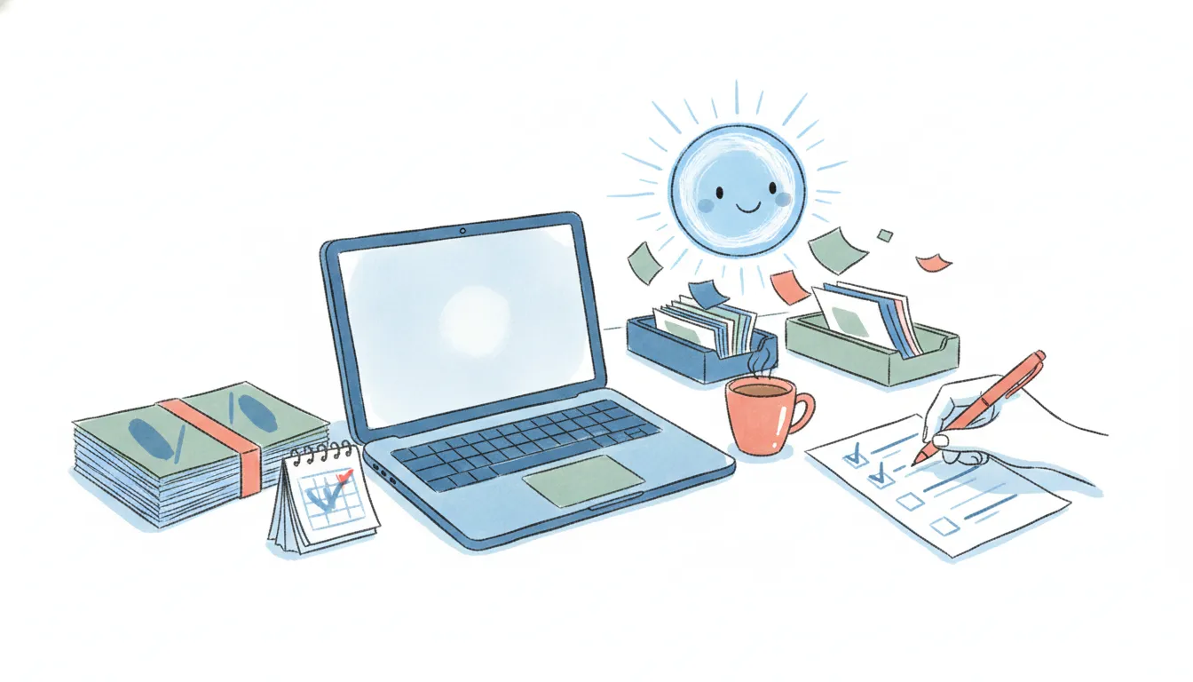 Hand-drawn illustration of an AI administrative assistant juggling a calendar, inbox, expense receipts, and travel itinerary at a tidy desk